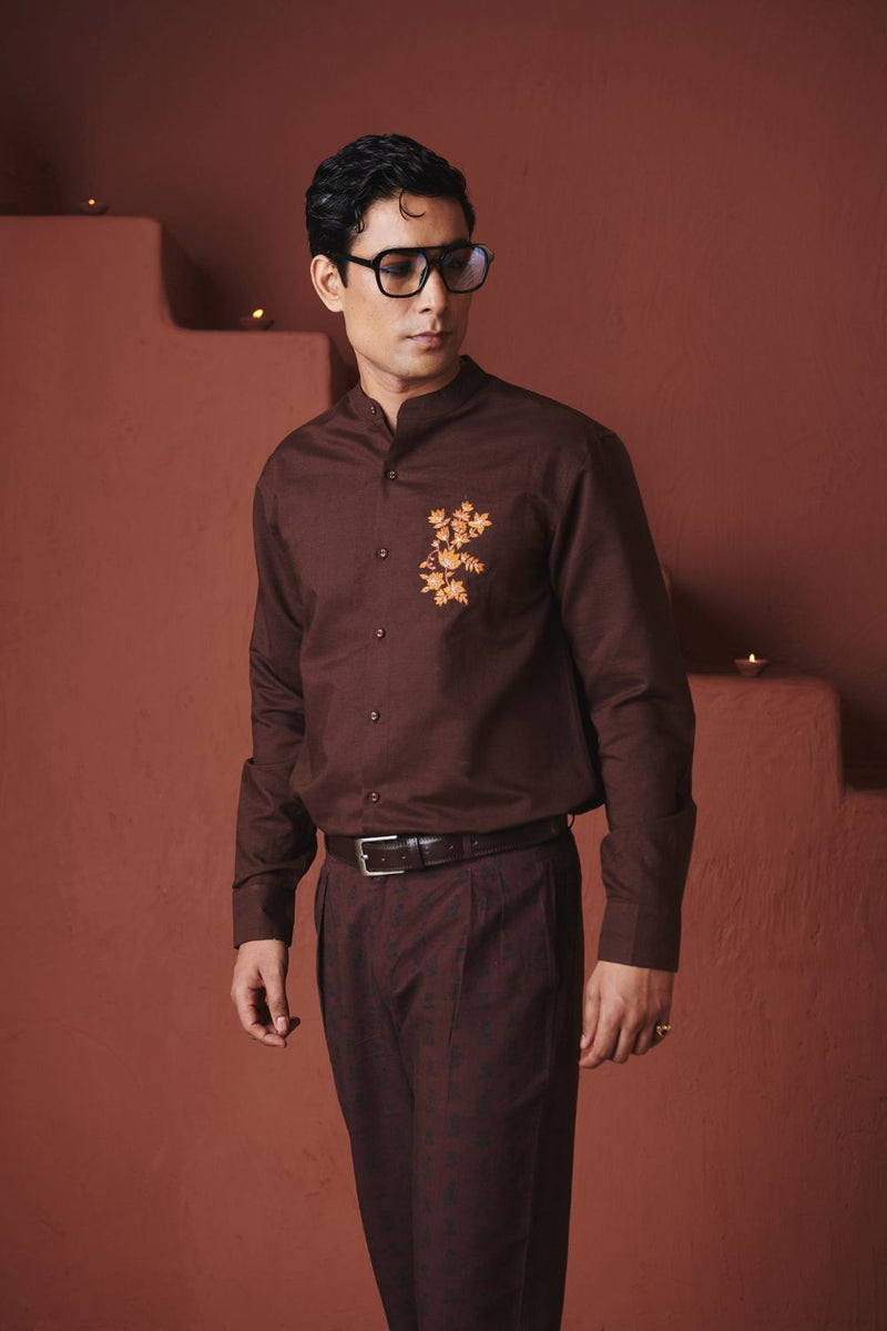 Coffee Co Linen Men's Band Collar Shirt – Slim Fit