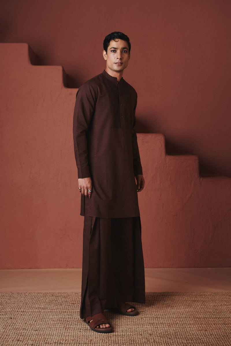 Coffee Co Linen Men's Pleated Yoke Kurta Set