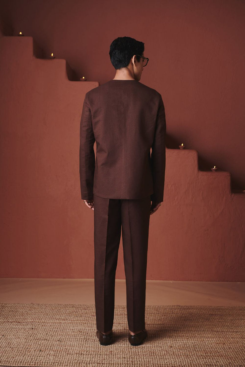 Coffee Co Linen Men's Round Neck Jacket Set