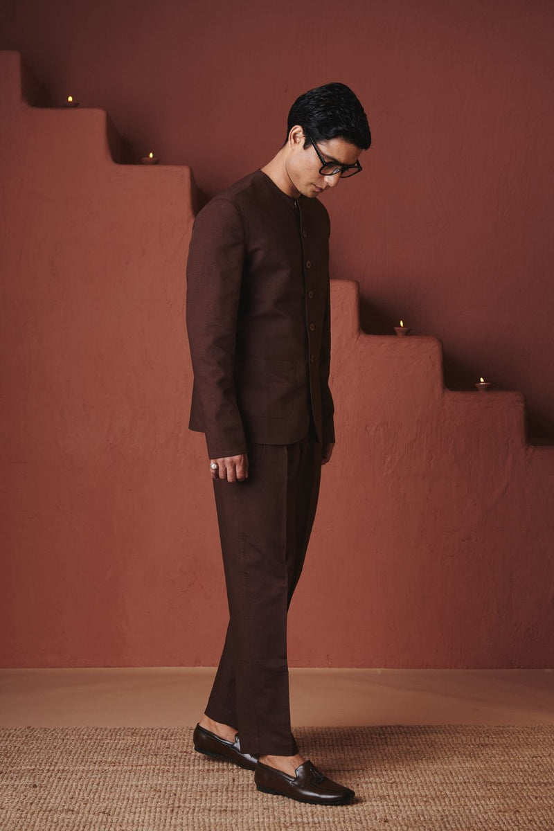 Coffee Co Linen Men's Round Neck Jacket Set