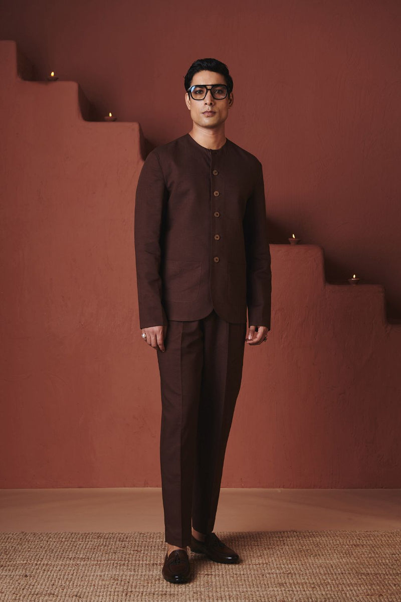 Coffee Co Linen Men's Round Neck Jacket Set