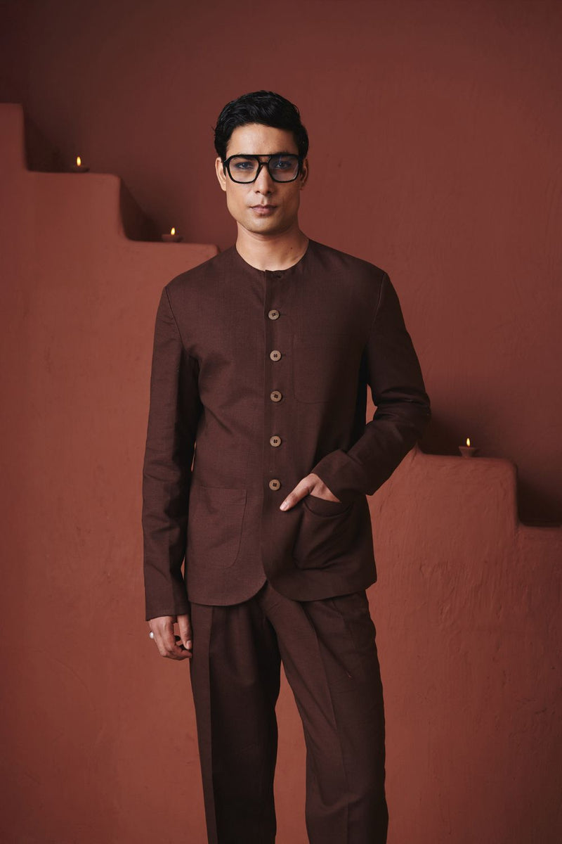 Coffee Co Linen Men's Round Neck Jacket Set