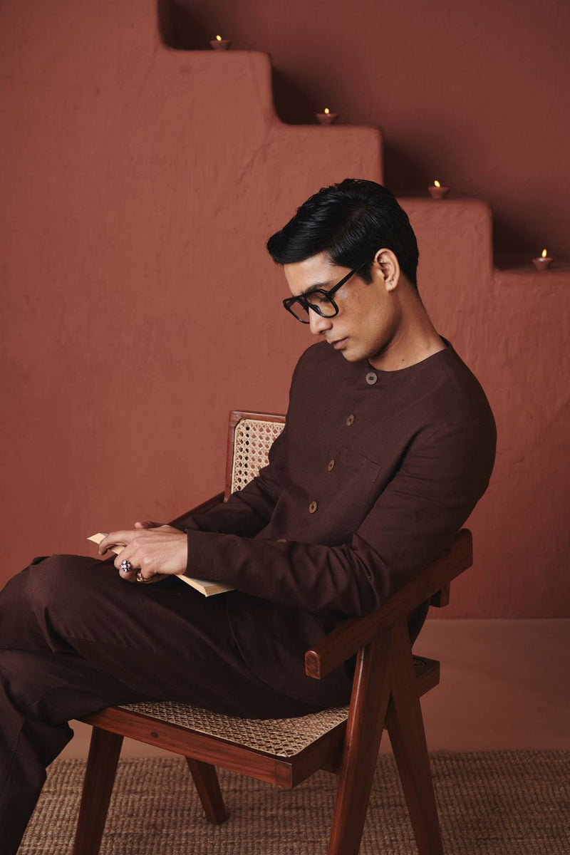 Coffee Co Linen Men's Round Neck Jacket Set