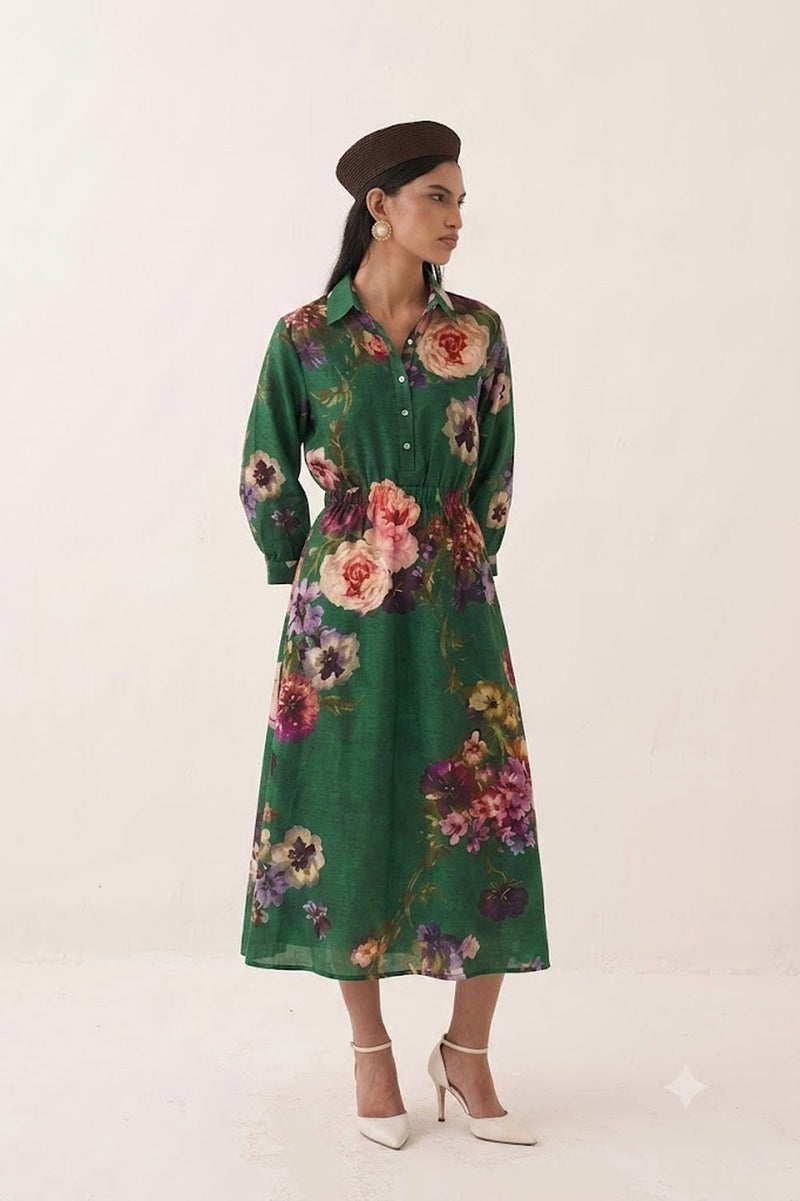 Rosarium Poem Dress poplin dress by O'Frida in green for women in Singapore