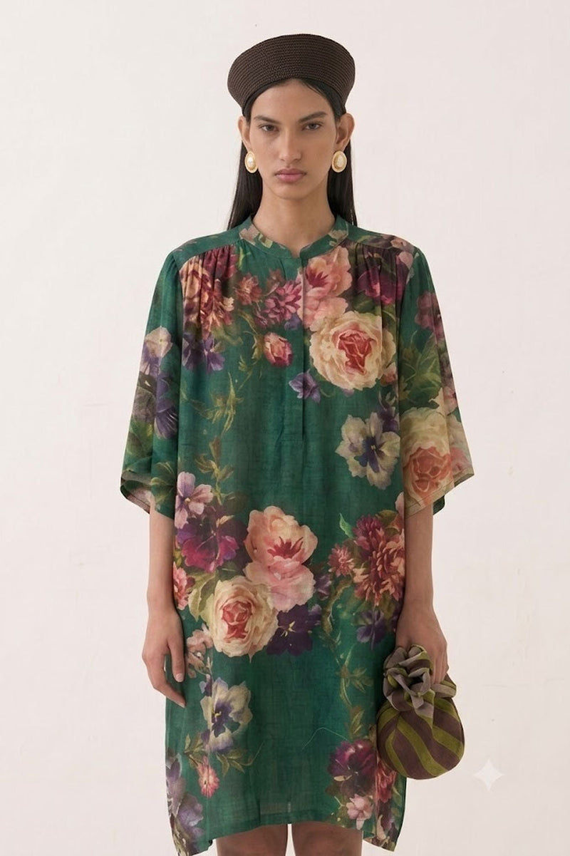 Rosarium Short Beach Dress poplin dress by O'Frida in green for women in Singapore