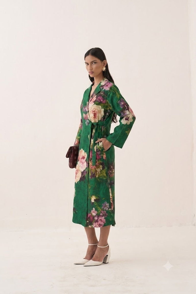 Rosarium Tie knot Trench Dress poplin dress by O'Frida in green for women in Singapore