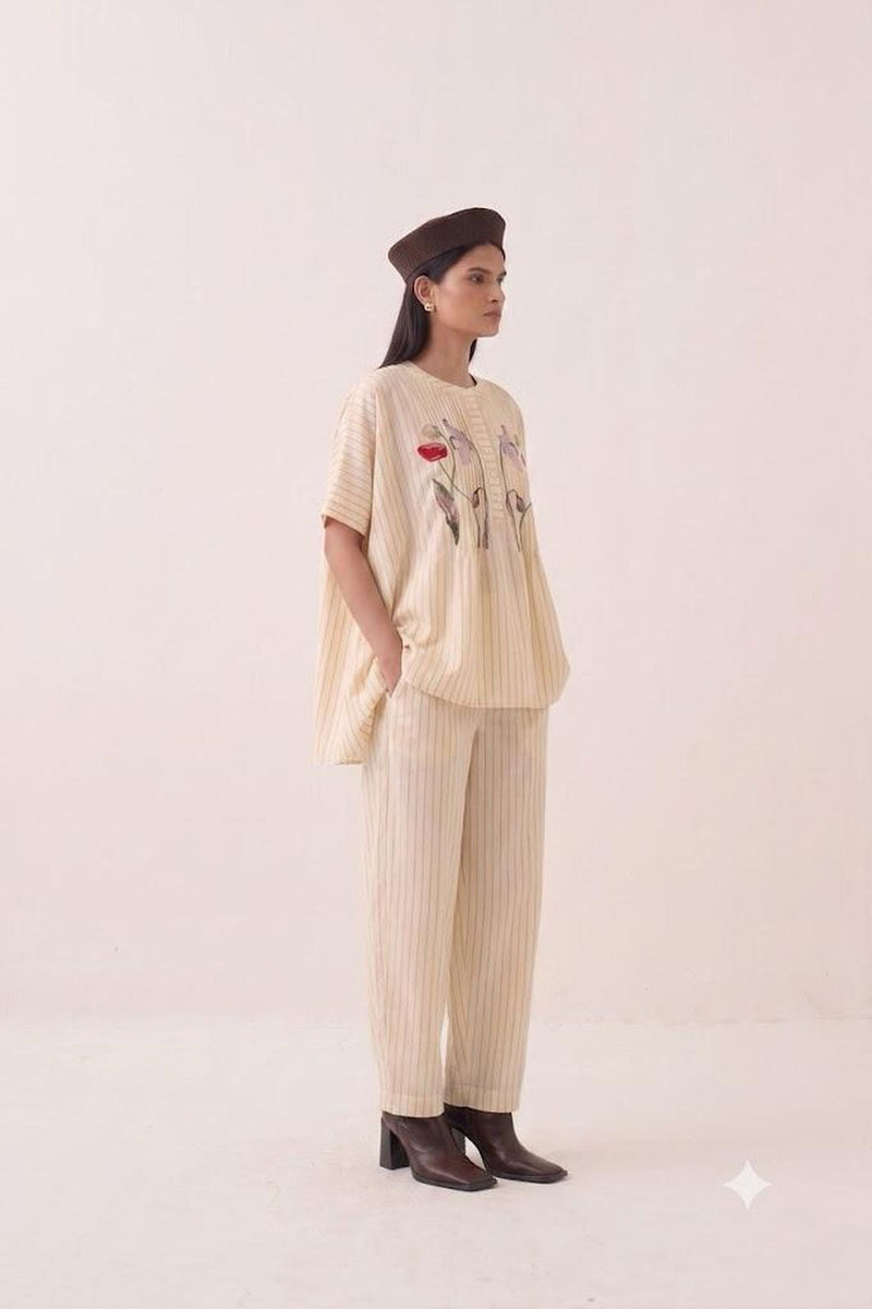 Lehar Rose Top Set cotton slub co-ord set by O'Frida in ivory for women in Singapore