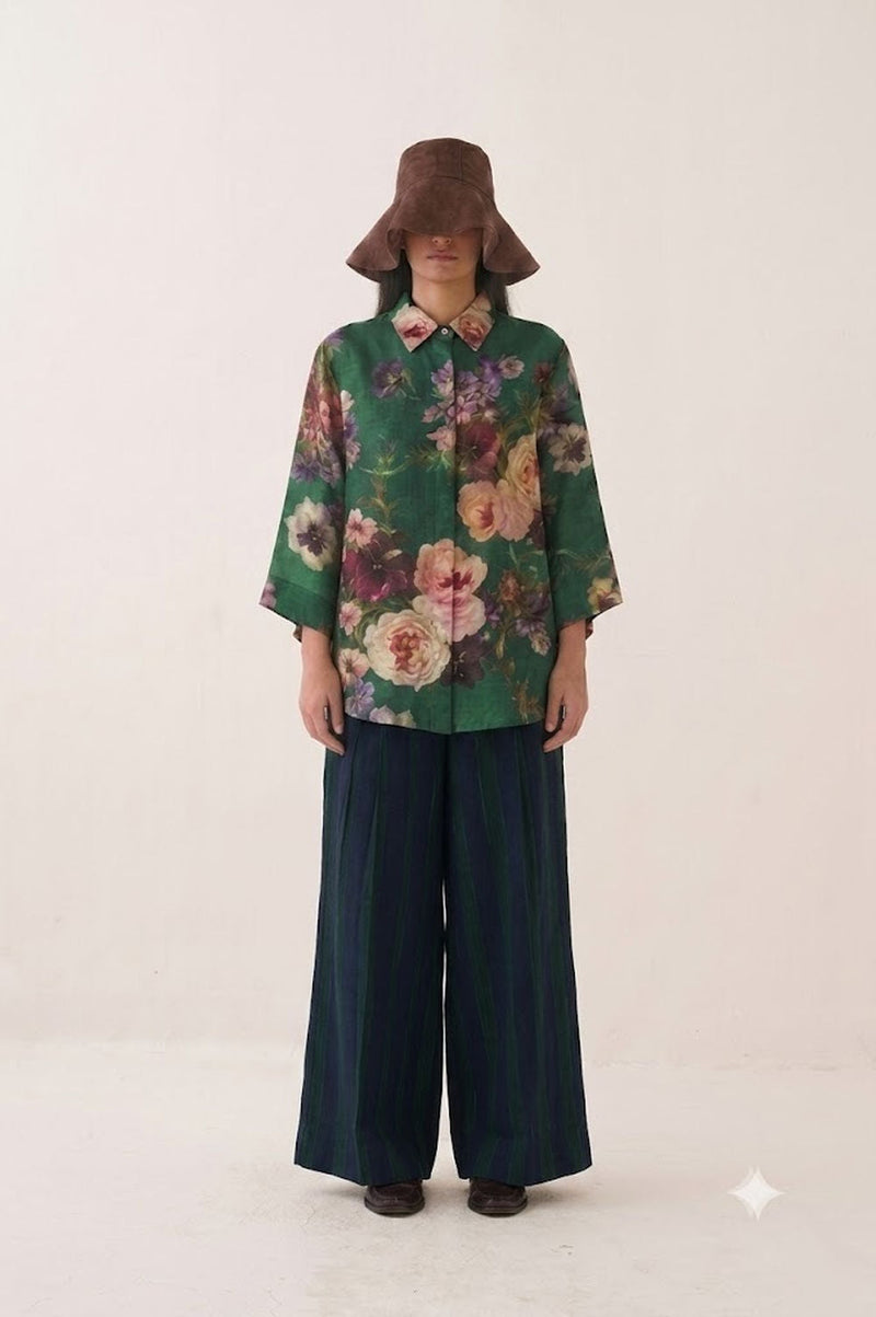 Rosarium Ivy Shirt cotton dobby top/shirt by O'Frida in green for women in Singapore
