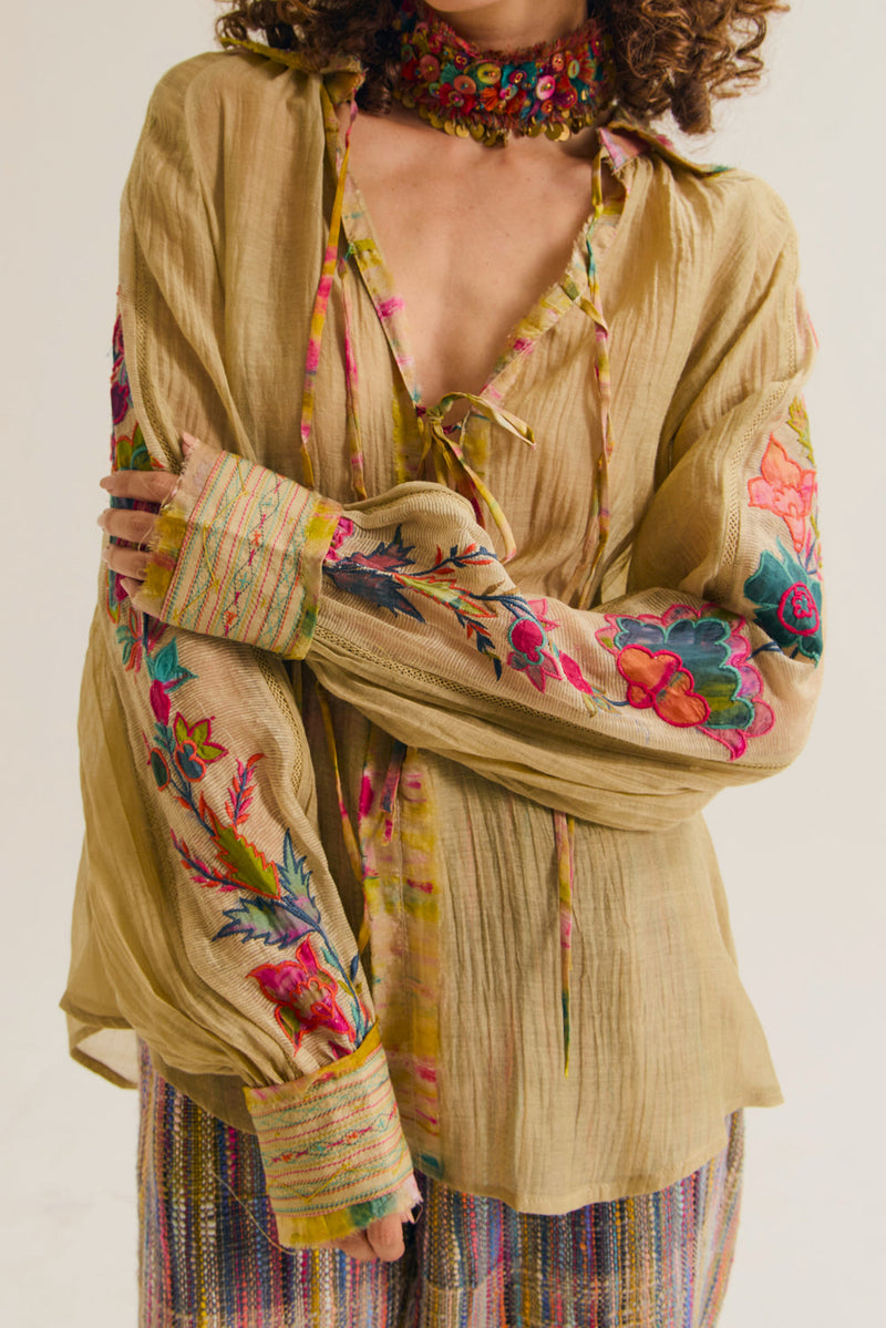 Chloe Shirt chanderi silk top/shirt by Capisvirleo in yellow for women in Singapore