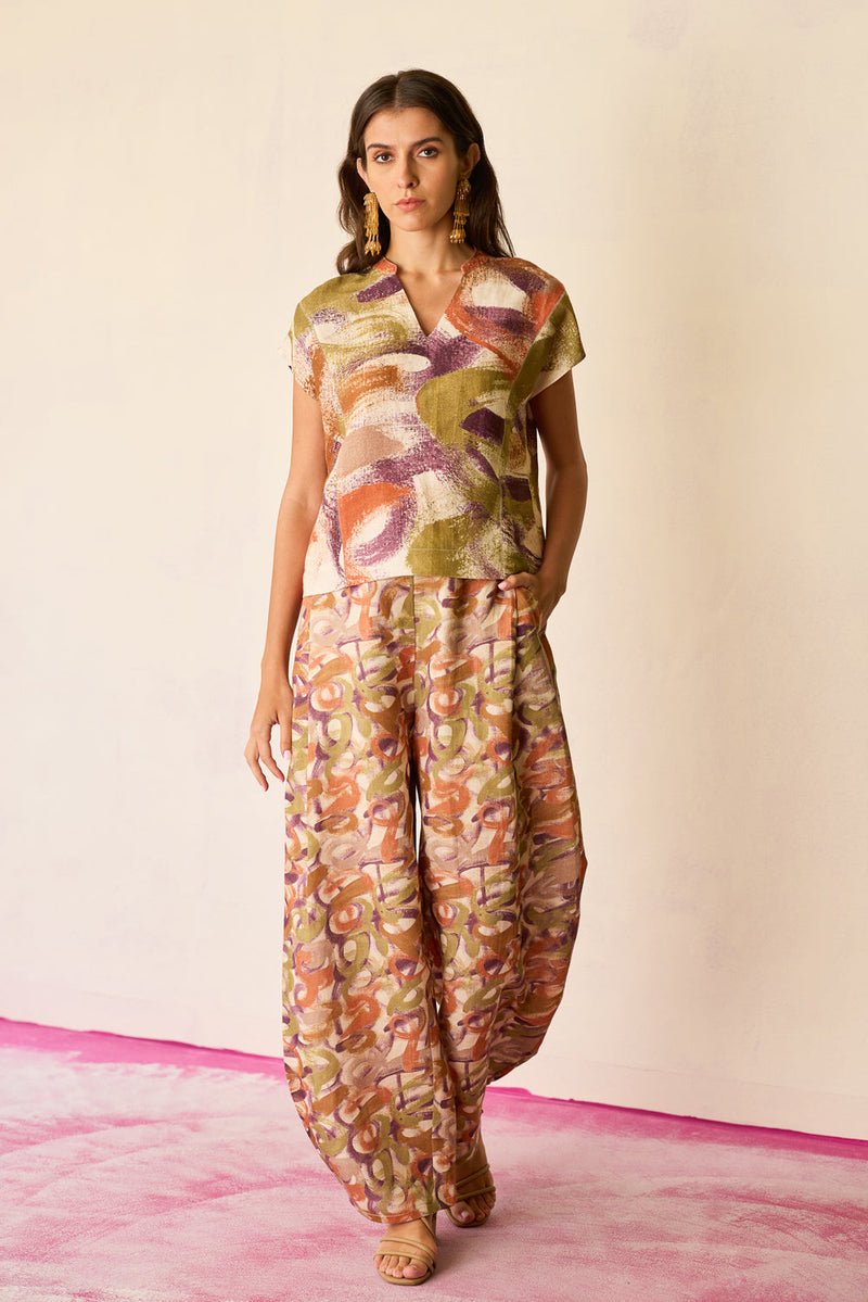 Brushstroke Summer Top linen top/shirt by World of SiSa in multi-color for women in Singapore