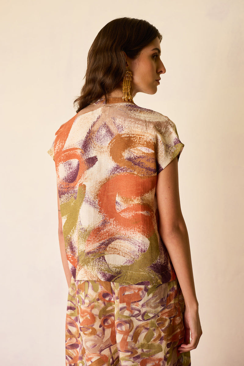 Brushstroke Summer Top linen top/shirt by World of SiSa in multi-color for women in Singapore