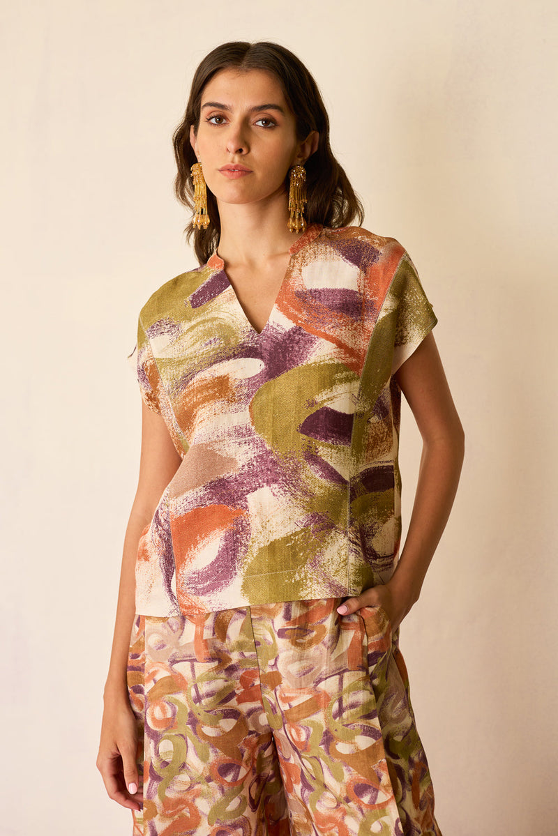 Brushstroke Summer Top linen top/shirt by World of SiSa in multi-color for women in Singapore