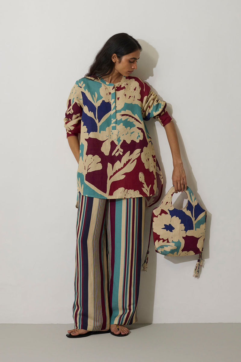 Stripe Marigold Top-Blue linen top/shirt by World of SiSa in blue for women in Singapore