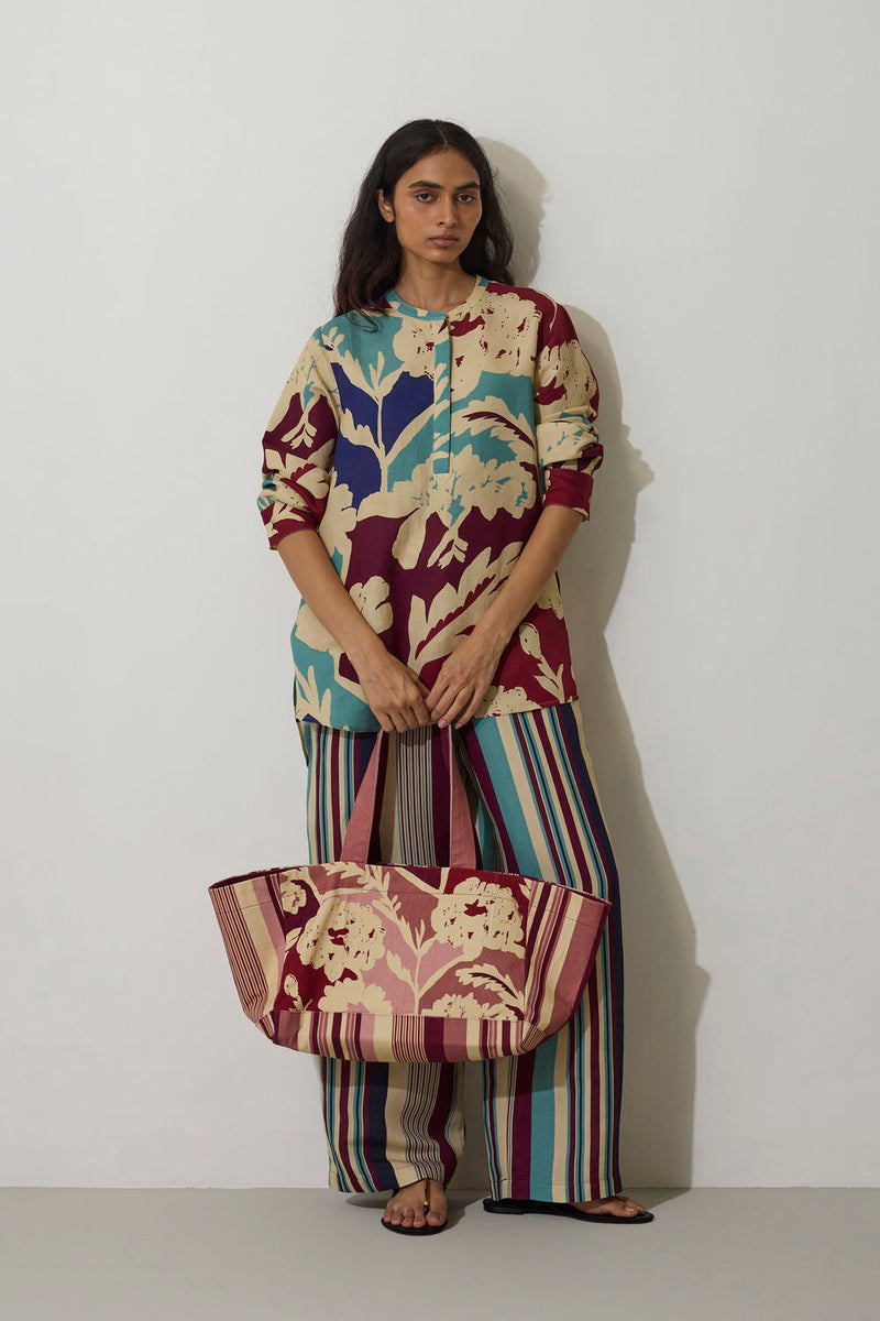 Stripe Marigold Top-Blue linen top/shirt by World of SiSa in blue for women in Singapore