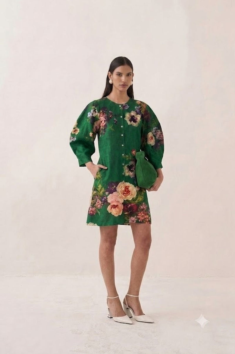 Rosarium Bubble Dress poplin dress by O'Frida in green for women in Singapore