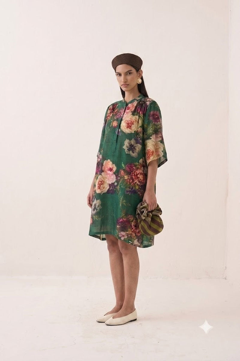 Rosarium Short Beach Dress poplin dress by O'Frida in green for women in Singapore