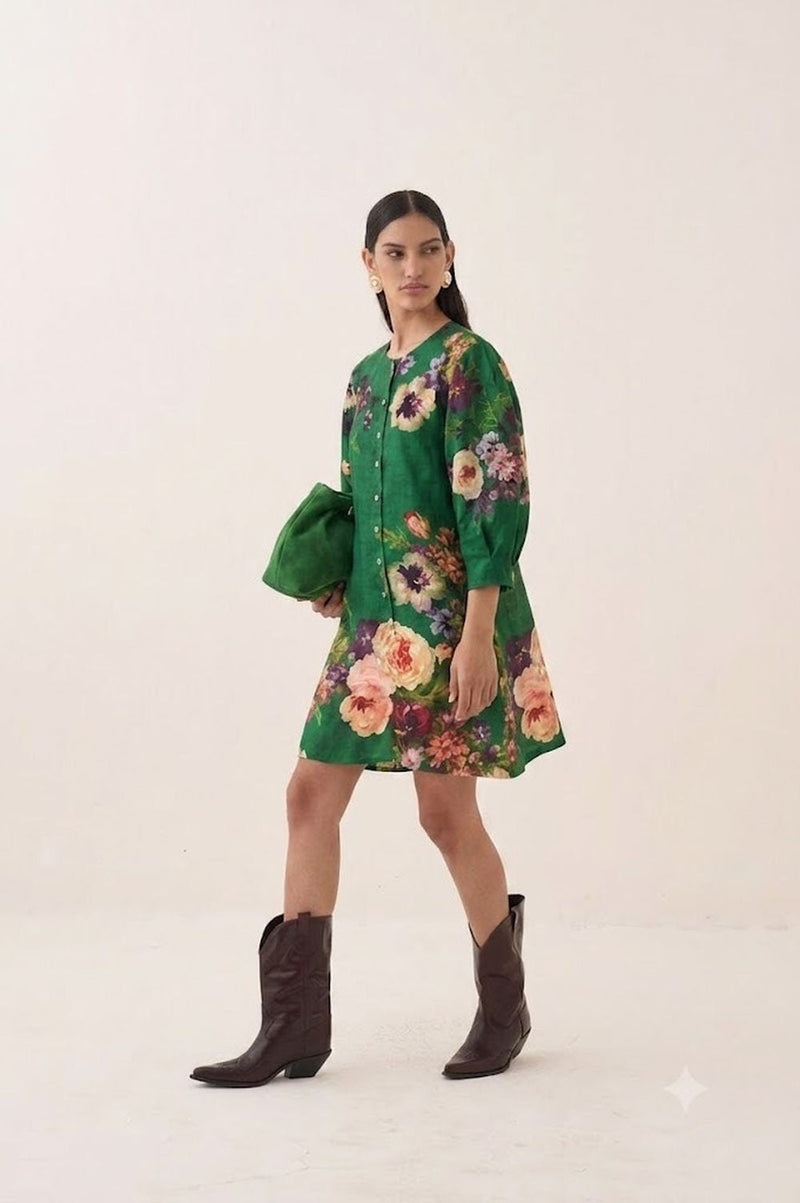 Rosarium Bubble Dress poplin dress by O'Frida in green for women in Singapore