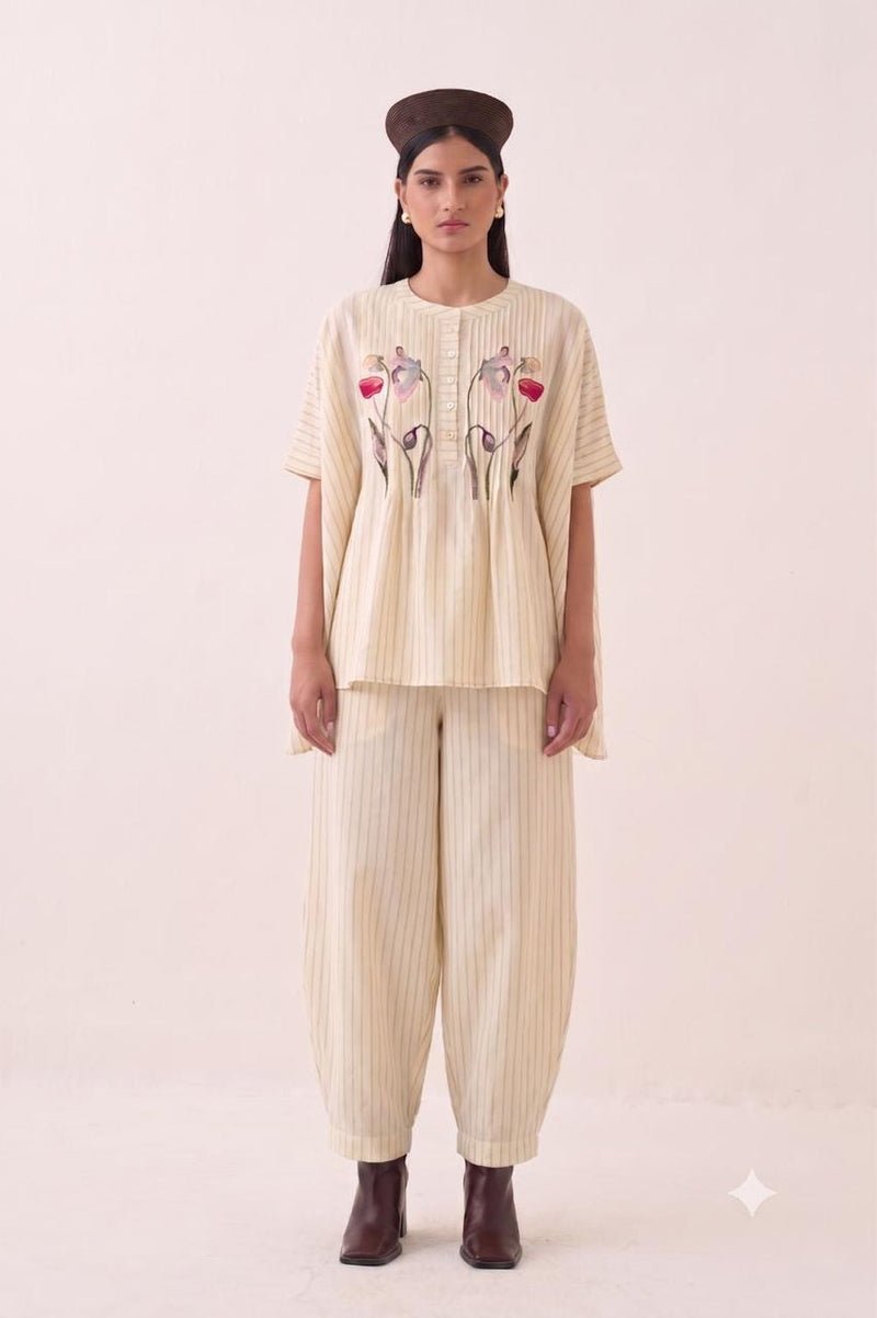 Lehar Rose Top Set cotton slub co-ord set by O'Frida in ivory for women in Singapore