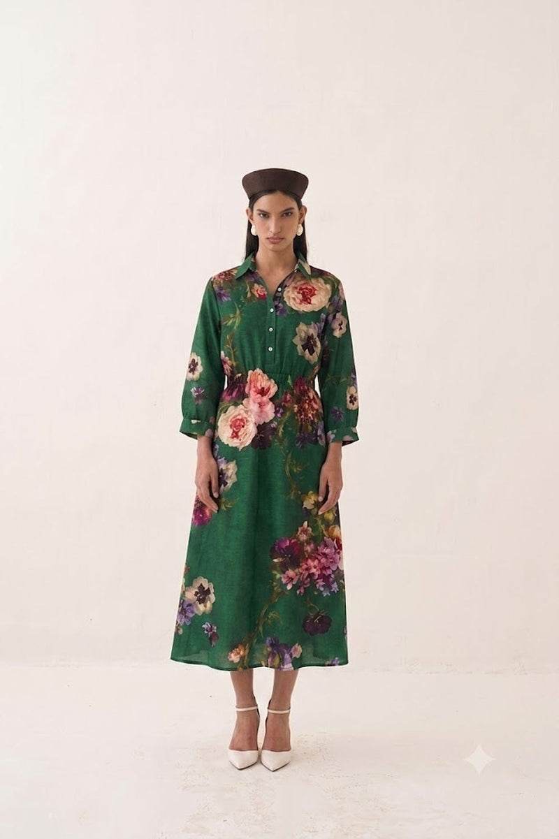 Rosarium Poem Dress poplin dress by O'Frida in green for women in Singapore