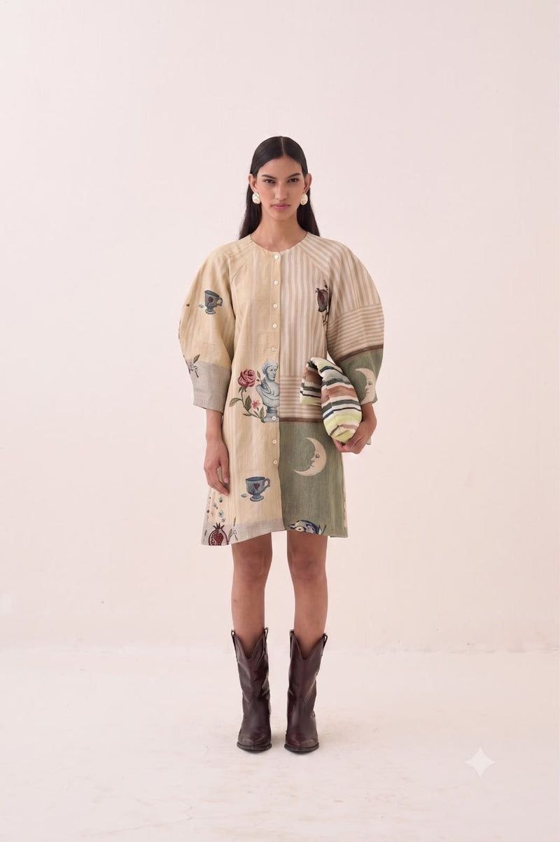 Nakshatra Bubble Sleeve Dress poplin dress by O'Frida in multi-color for women in Singapore
