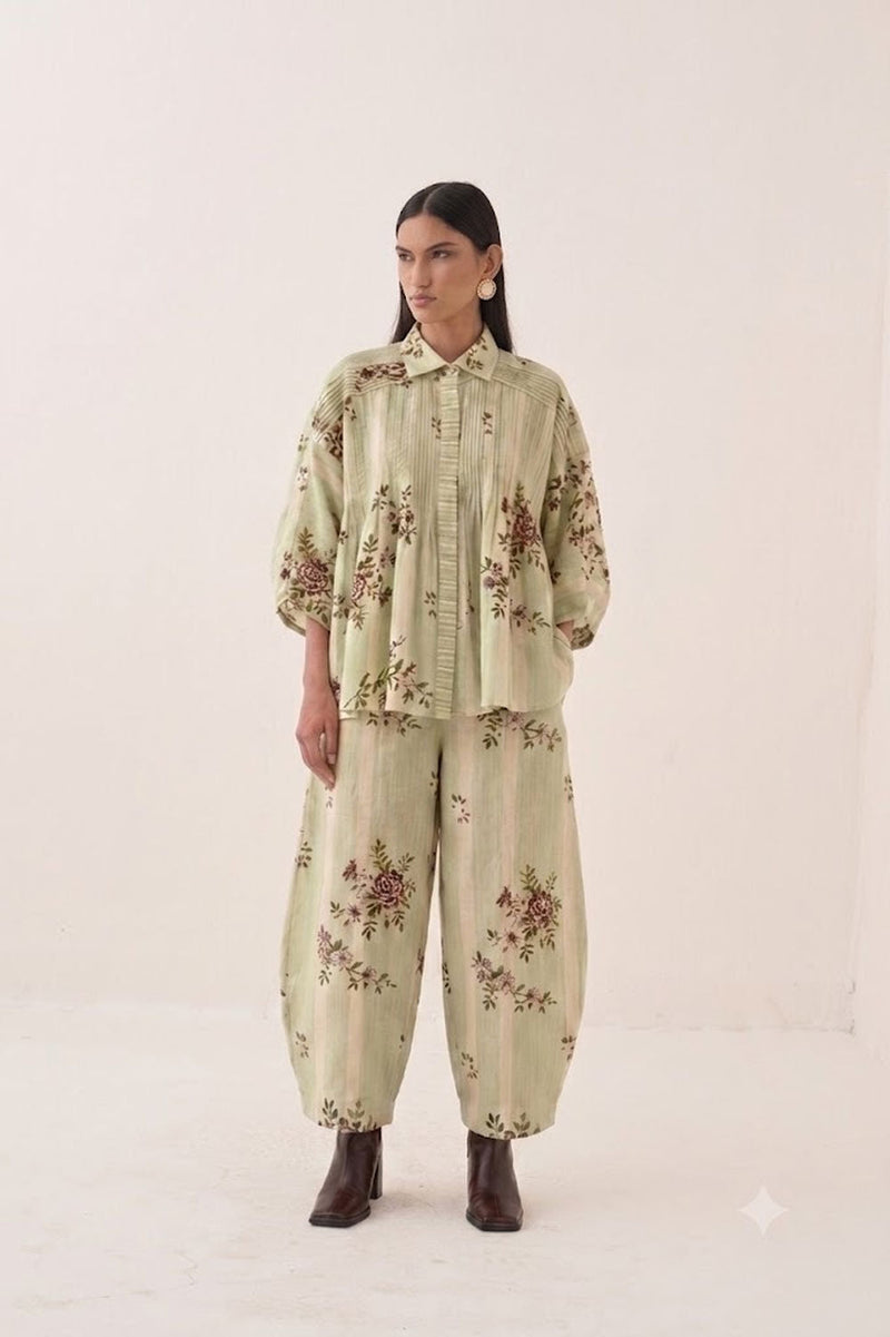 Bagiya Floral Pintuck Top cotton slub top/shirt by O'Frida in green for women in Singapore