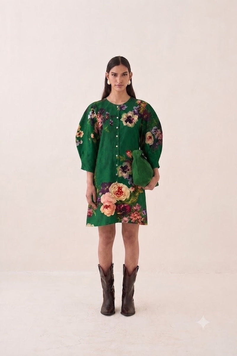 Rosarium Bubble Dress poplin dress by O'Frida in green for women in Singapore