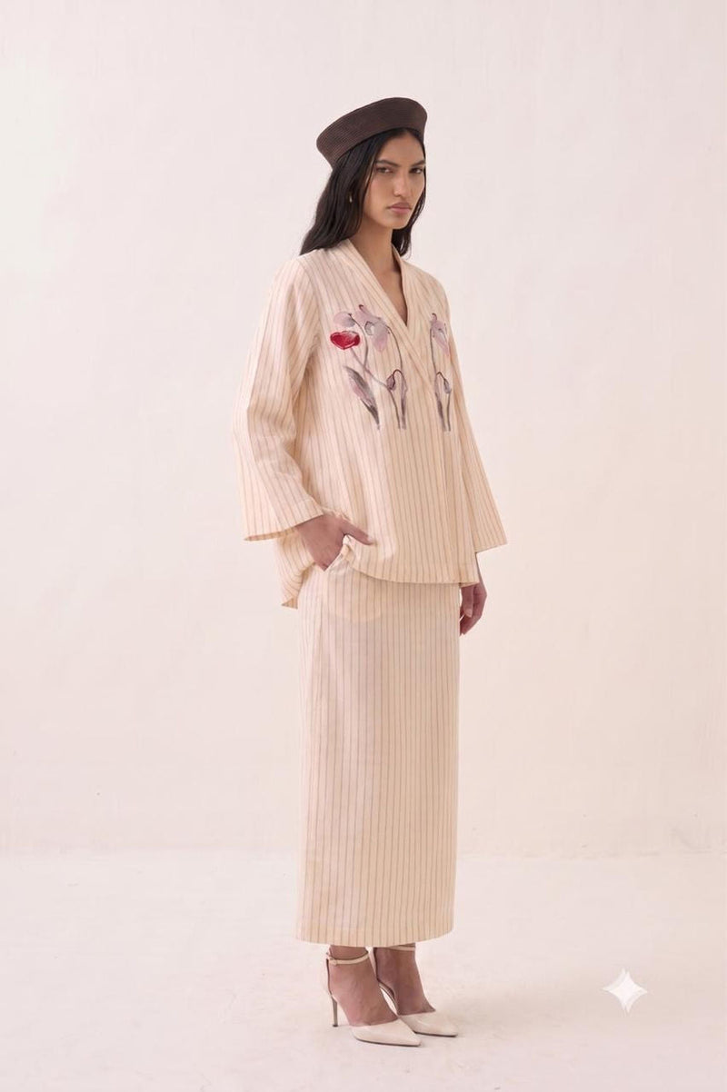 Lehar Midi Skirt cotton slub pant/trouser by O'Frida in ivory for women in Singapore