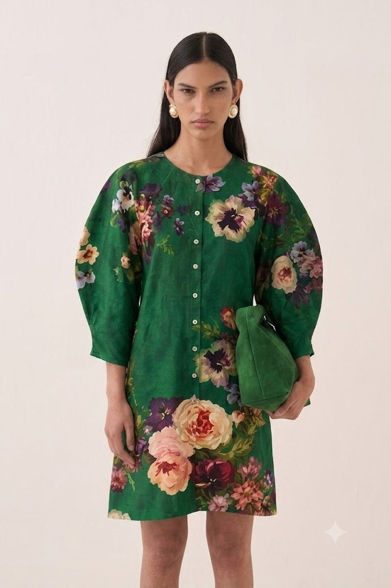 Rosarium Bubble Dress poplin dress by O'Frida in green for women in Singapore