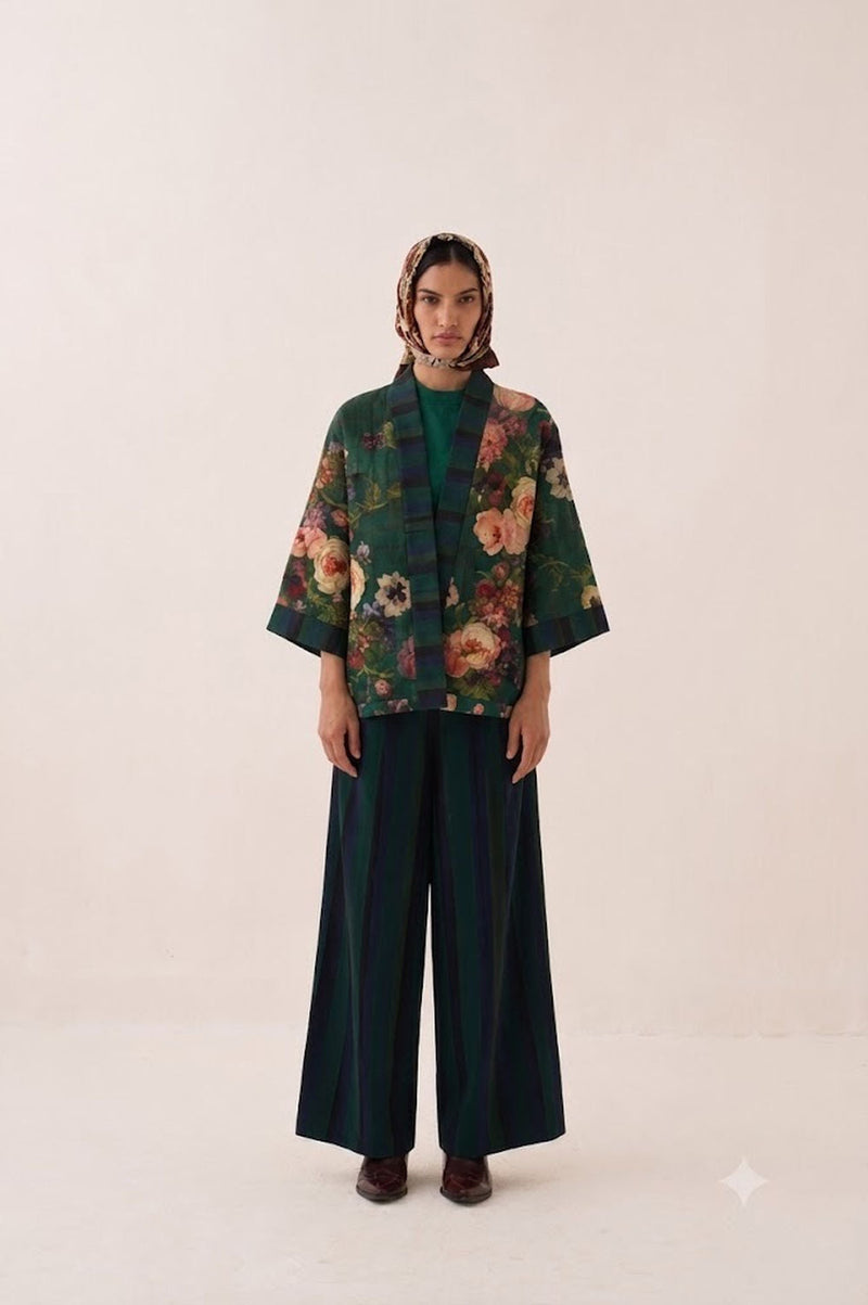Rosarium Kimono Jacket Set cotton slub co-ord set by O'Frida in green for women in Singapore