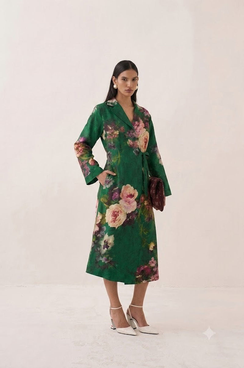 Rosarium Tie knot Trench Dress poplin dress by O'Frida in green for women in Singapore