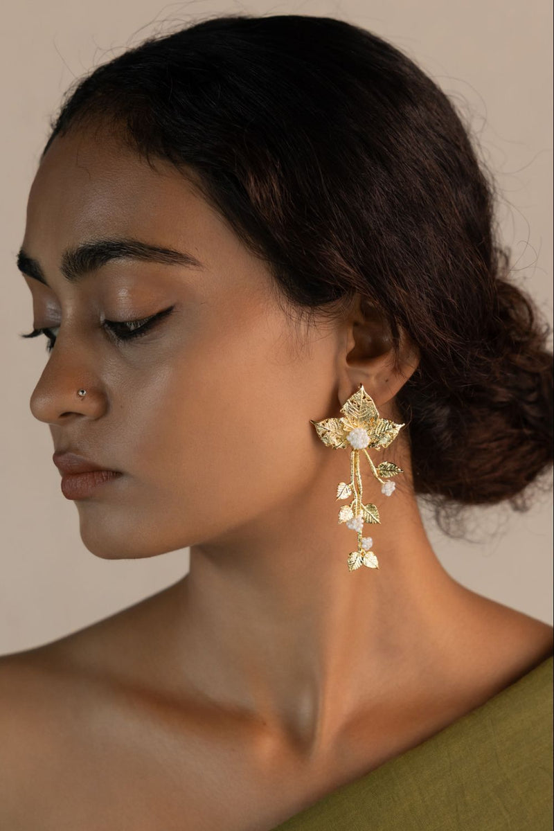 Chhayaa Butti 18k gold plated on brass earring by Aarjavee in gold for women in Singapore