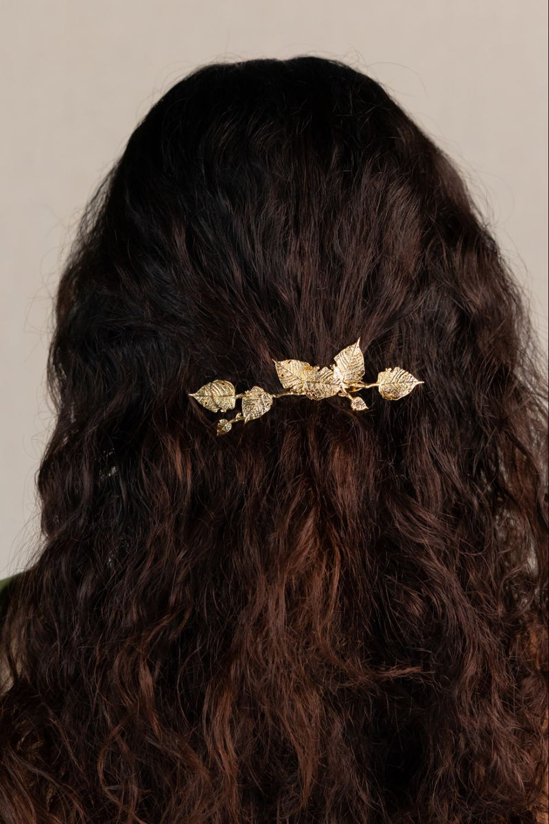 Nirjala hair pin 18k gold plated on brass hair accessorie by Aarjavee in gold for women in Singapore