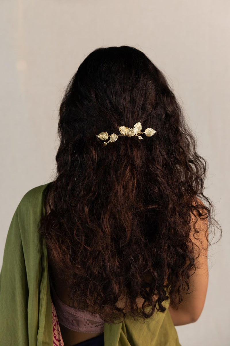 Nirjala hair pin 18k gold plated on brass hair accessorie by Aarjavee in gold for women in Singapore