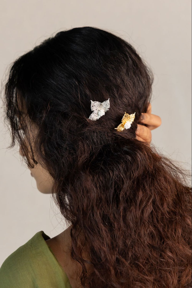 Lata hair pin 18k gold plated on brass hair accessorie by Aarjavee in gold for women in Singapore