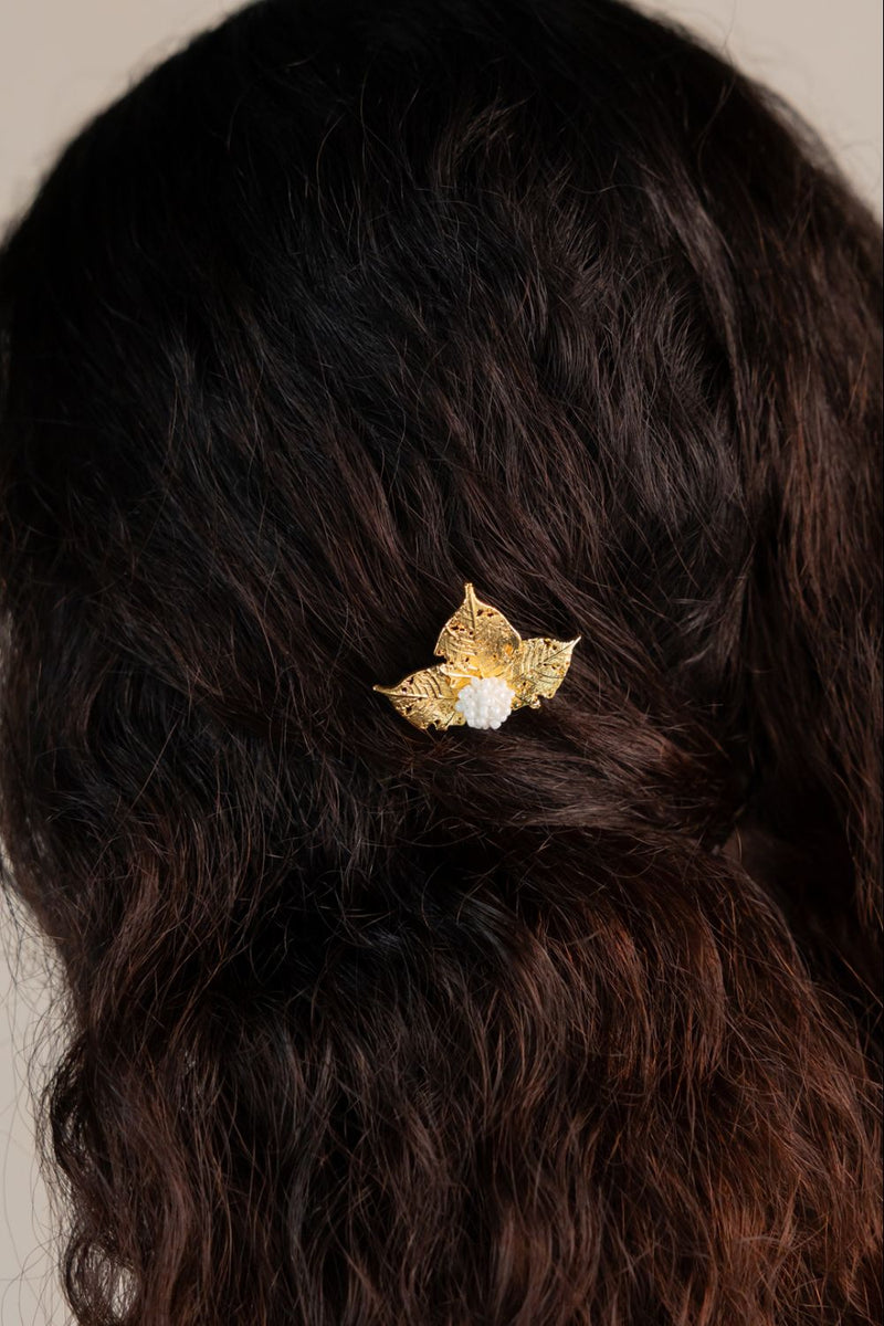 Lata hair pin 18k gold plated on brass hair accessorie by Aarjavee in gold for women in Singapore