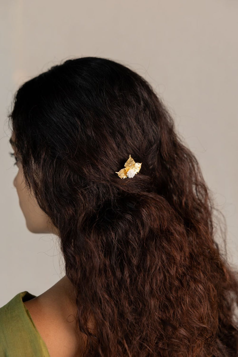 Lata hair pin 18k gold plated on brass hair accessorie by Aarjavee in gold for women in Singapore