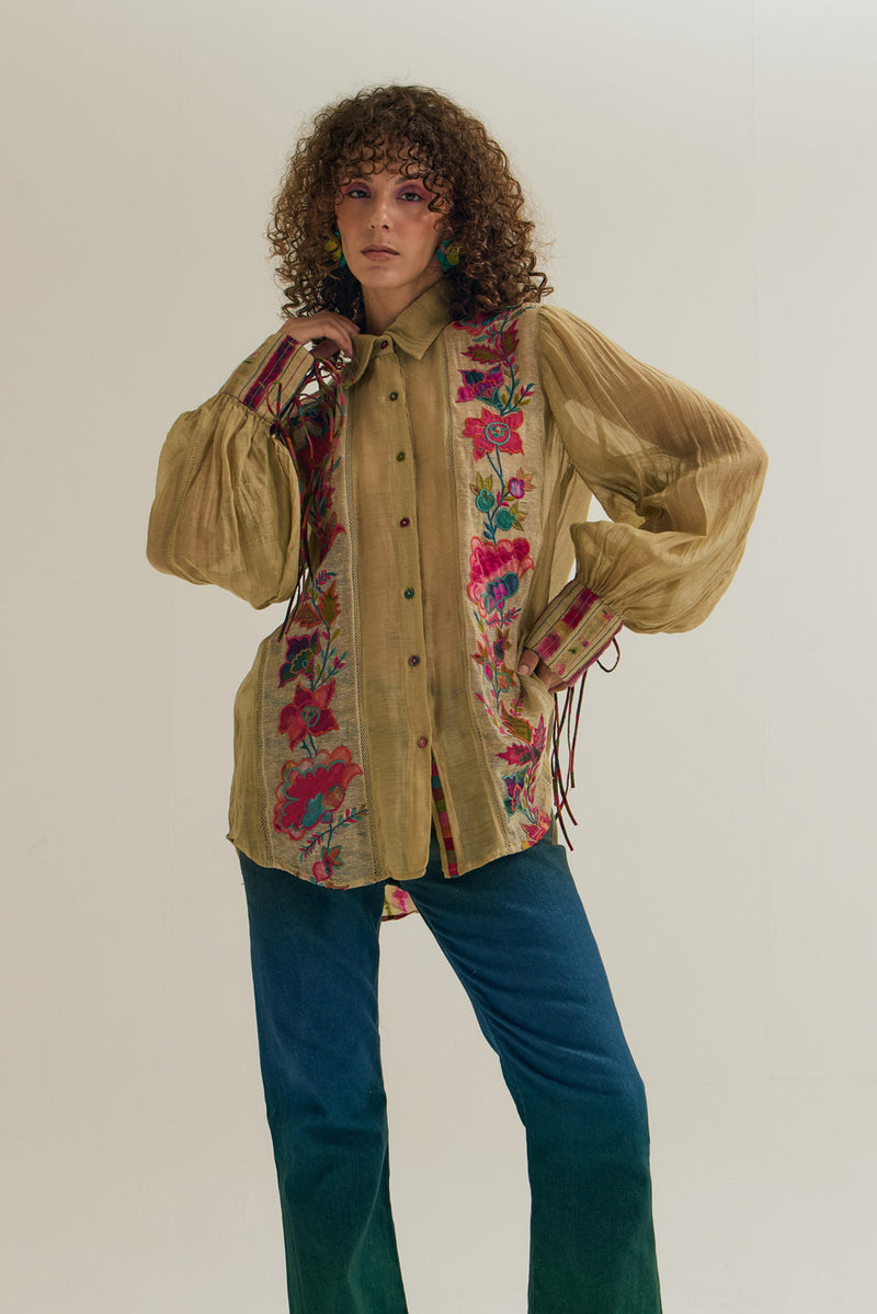 Camellia Shirt chanderi silk top/shirt by Capisvirleo in yellow for women in Singapore