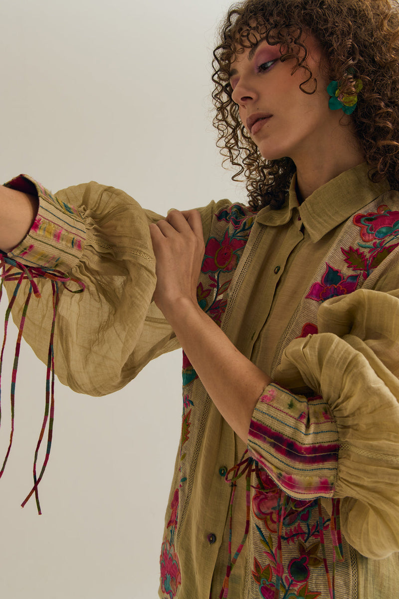 Camellia Shirt chanderi silk top/shirt by Capisvirleo in yellow for women in Singapore