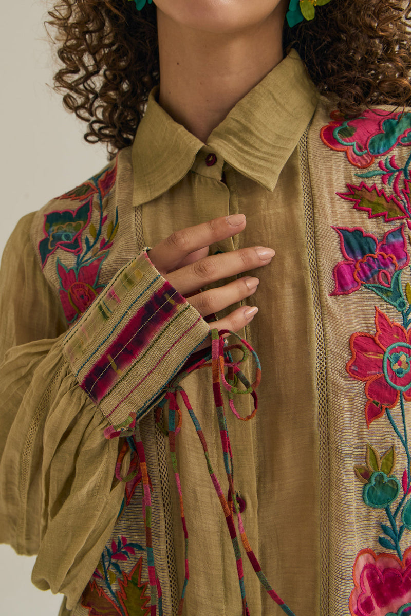 Camellia Shirt chanderi silk top/shirt by Capisvirleo in yellow for women in Singapore