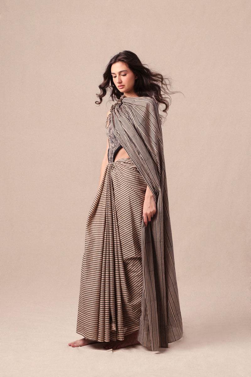 Charcoal Striped Bodysuit & Drawstring Mul Saree Set (2 PCS) cotton saree by Mati in black for women in Singapore