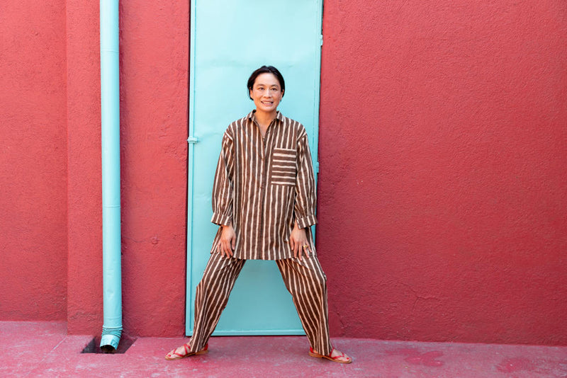 Artist Smock — Dumbo Stripes cotton by World of Crow in brown color for women in Singapore