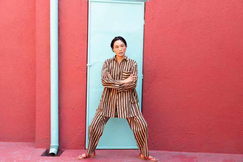 Artist Smock — Dumbo Stripes cotton by World of Crow in brown color for women in Singapore