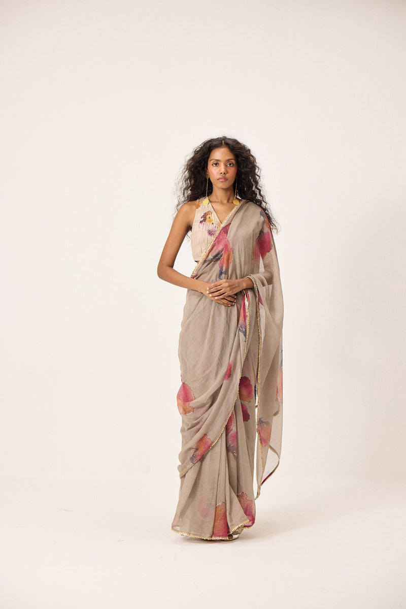 Elana Saree Set kota doria & mul by Khara Kapas in taupe for women in Singapore