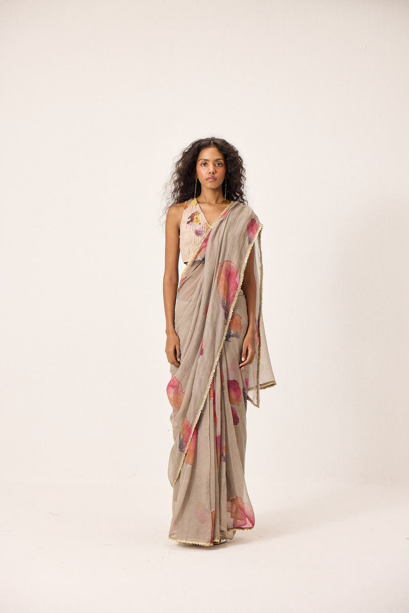 Elana Saree Set kota doria & mul by Khara Kapas in taupe for women in Singapore