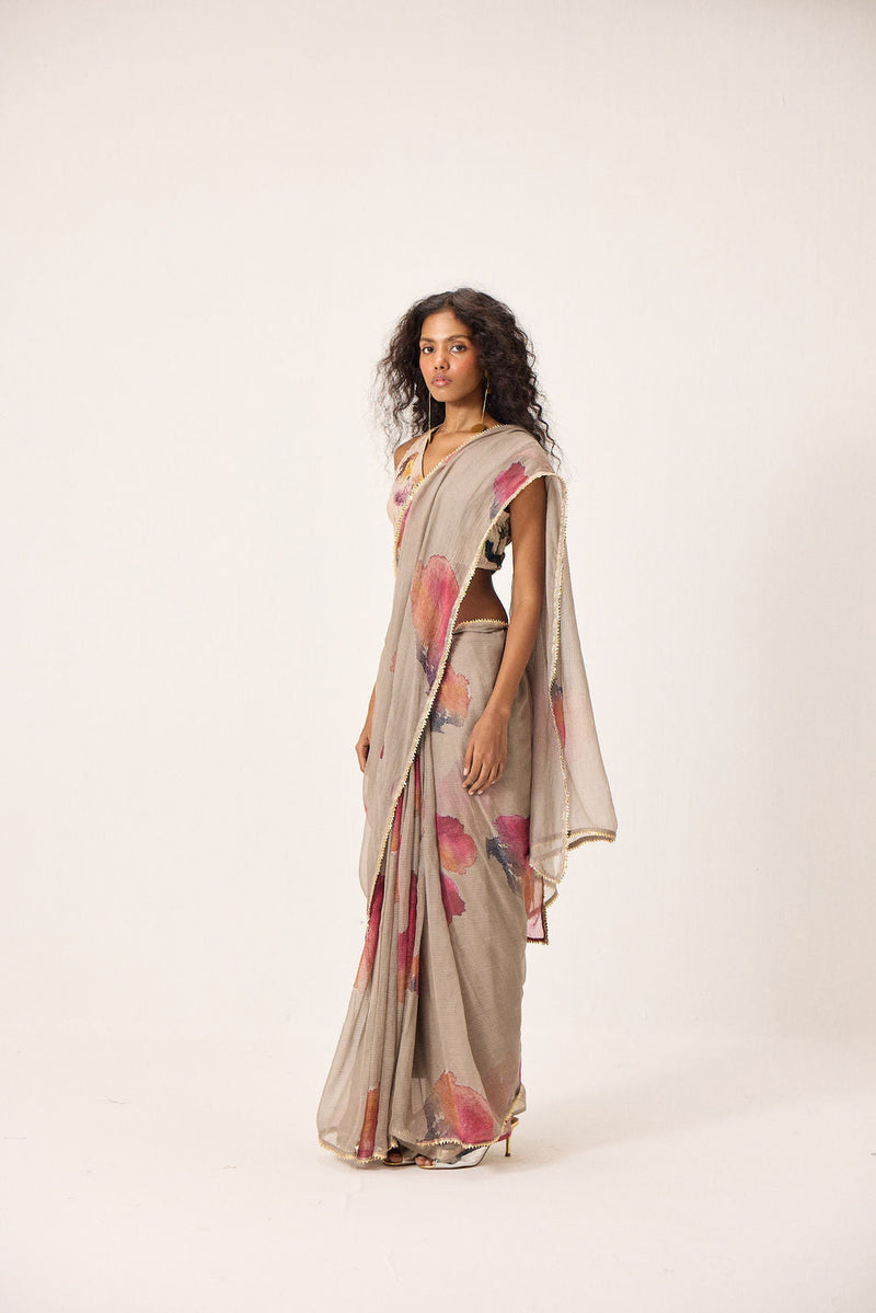 Elana Saree Set kota doria & mul by Khara Kapas in taupe for women in Singapore