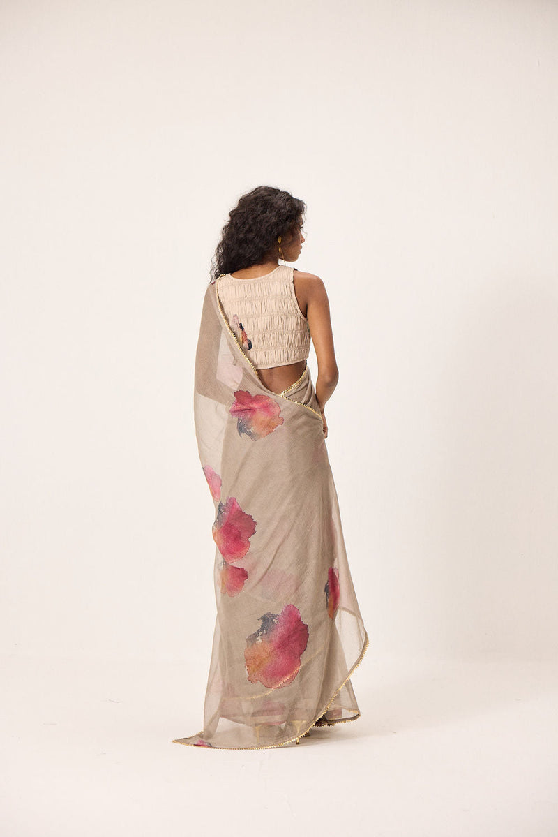 Elana Saree Set kota doria & mul by Khara Kapas in taupe for women in Singapore