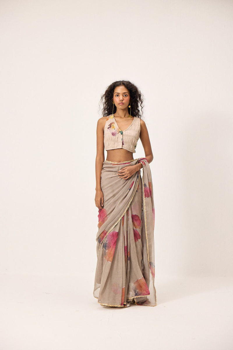 Elana Saree Set kota doria & mul by Khara Kapas in taupe for women in Singapore