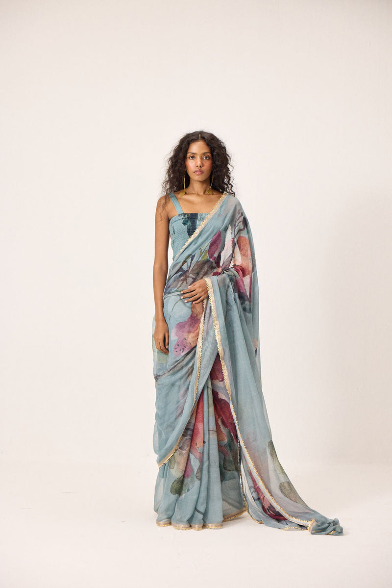 Feirosa Saree with Helen Blouse kota doria & mul by Khara Kapas in blue for women in Singapore