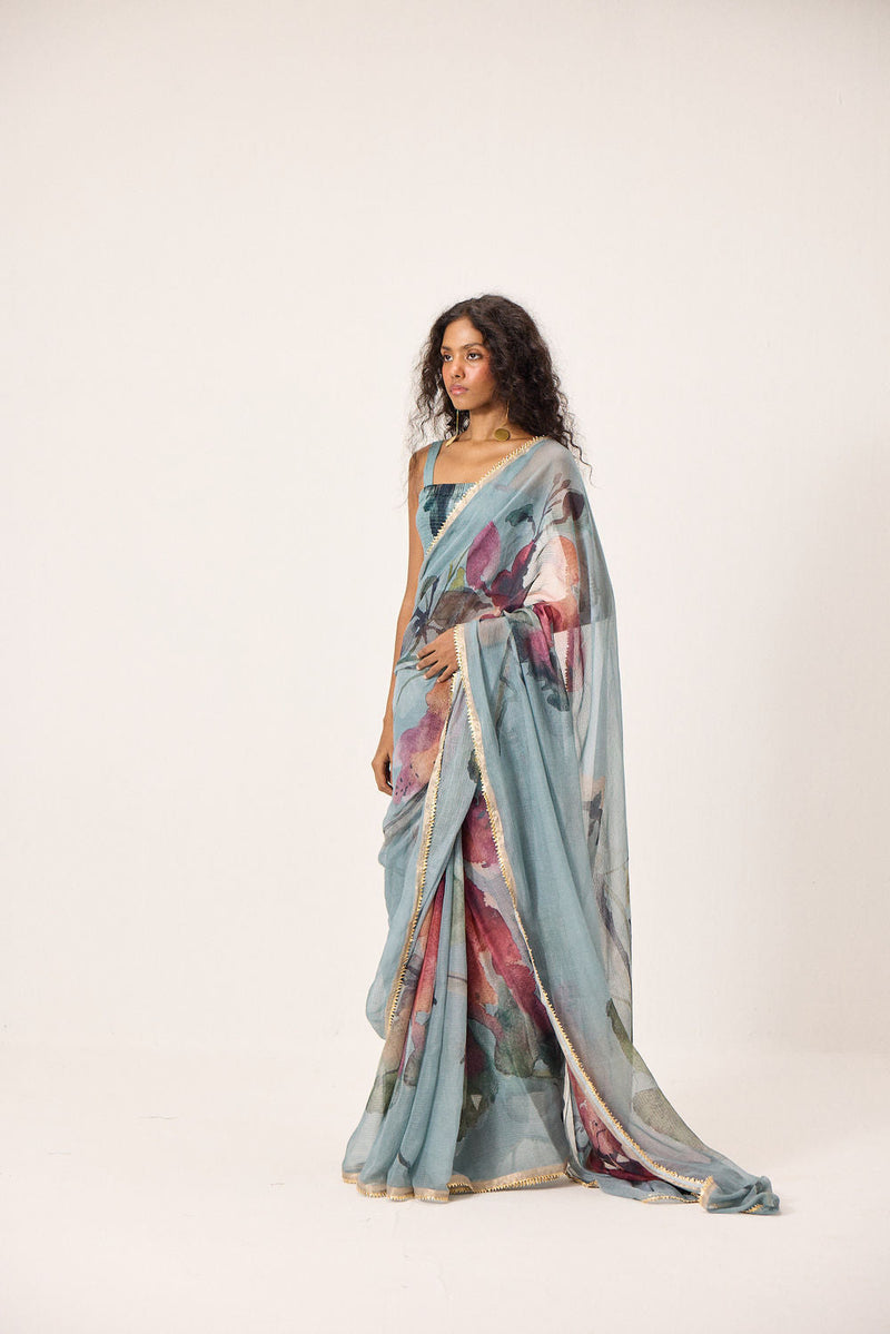 Feirosa Saree with Helen Blouse kota doria & mul by Khara Kapas in blue for women in Singapore