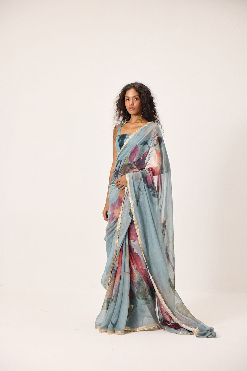 Feirosa Saree with Helen Blouse kota doria & mul by Khara Kapas in blue for women in Singapore